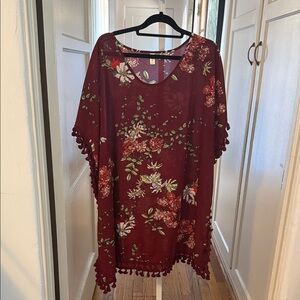 Floral Burgundy Poncho with Tassels
